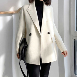 Loose Fit White Woolen Coat Parkas New Long Sleeve - FUCHEETAH