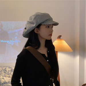 Women Black Plaid Big Casual Berets Hat Round Dome