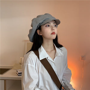 Women Black Plaid Big Casual Berets Hat Round Dome