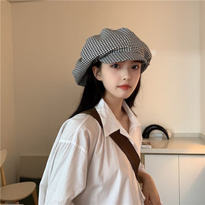 Women Black Plaid Big Casual Berets Hat Round Dome