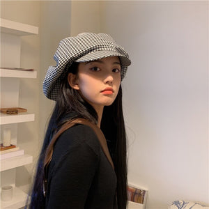 Women Black Plaid Big Casual Berets Hat Round Dome