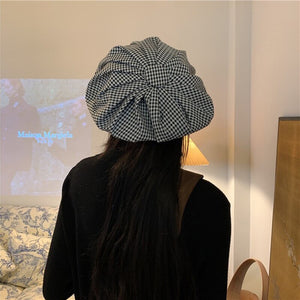 Women Black Plaid Big Casual Berets Hat Round Dome