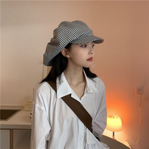 Women Black Plaid Big Casual Berets Hat Round Dome