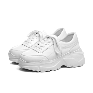 Full grain leather platform streetwear lace up round toe white sneakers