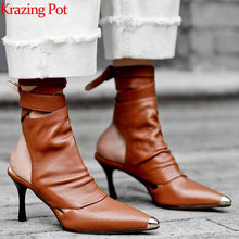 Charger l&#39;image dans la galerie, Genuine leather ankle lace up stiletto high heels summer boots