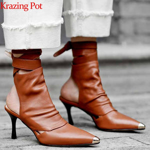 Genuine leather ankle lace up stiletto high heels summer boots