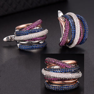 Luxury Twist Braided Multicolor Full Mirco Pink Cubic Zirconia Hoop Earring Set - FUCHEETAH