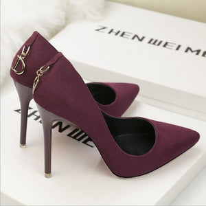 High heels shoes woman Genuine suede leather thin Spike Heel Pointed Toe - FUCHEETAH