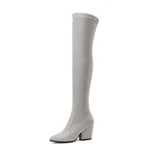 Women Over The Knee High Boots Hoof Heels Pointed Toe Shoes - FUCHEETAH